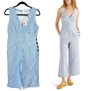 NWT Boden Dorothea Linen Cropped Wrap Jumpsuit 10 Petite Striped V-Neck Button
